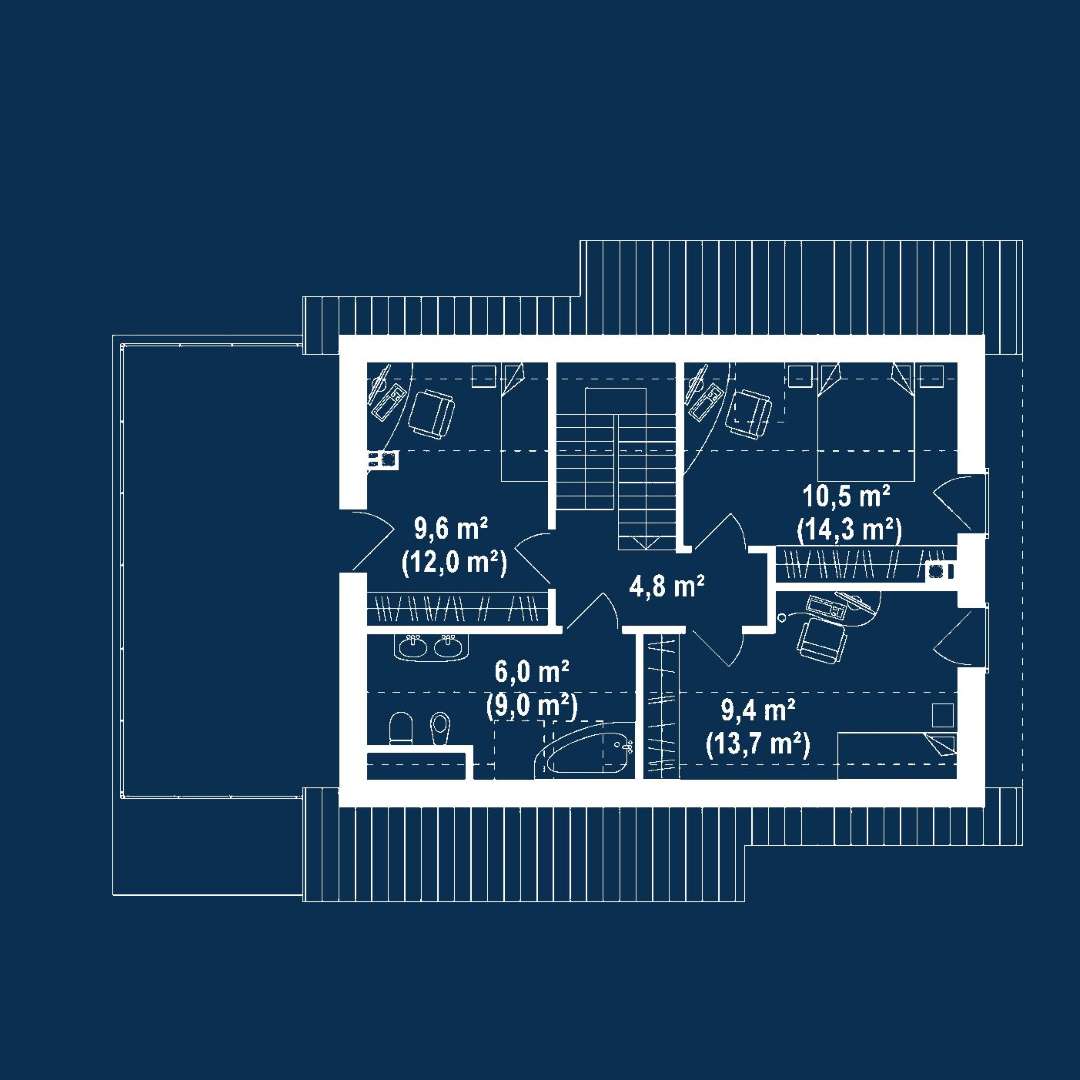 Plan mansardă Casă cu mansardă 97 mp utili, un dormitor, 2 băi