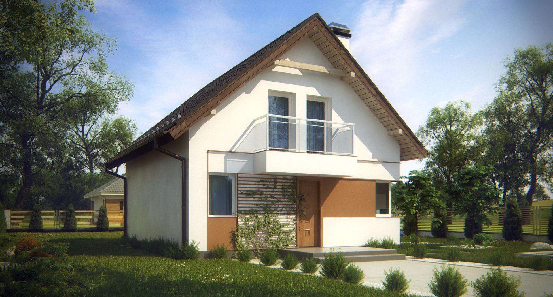 Fatada Casă cu mansardă 96 mp utili, un dormitor, 2 băi