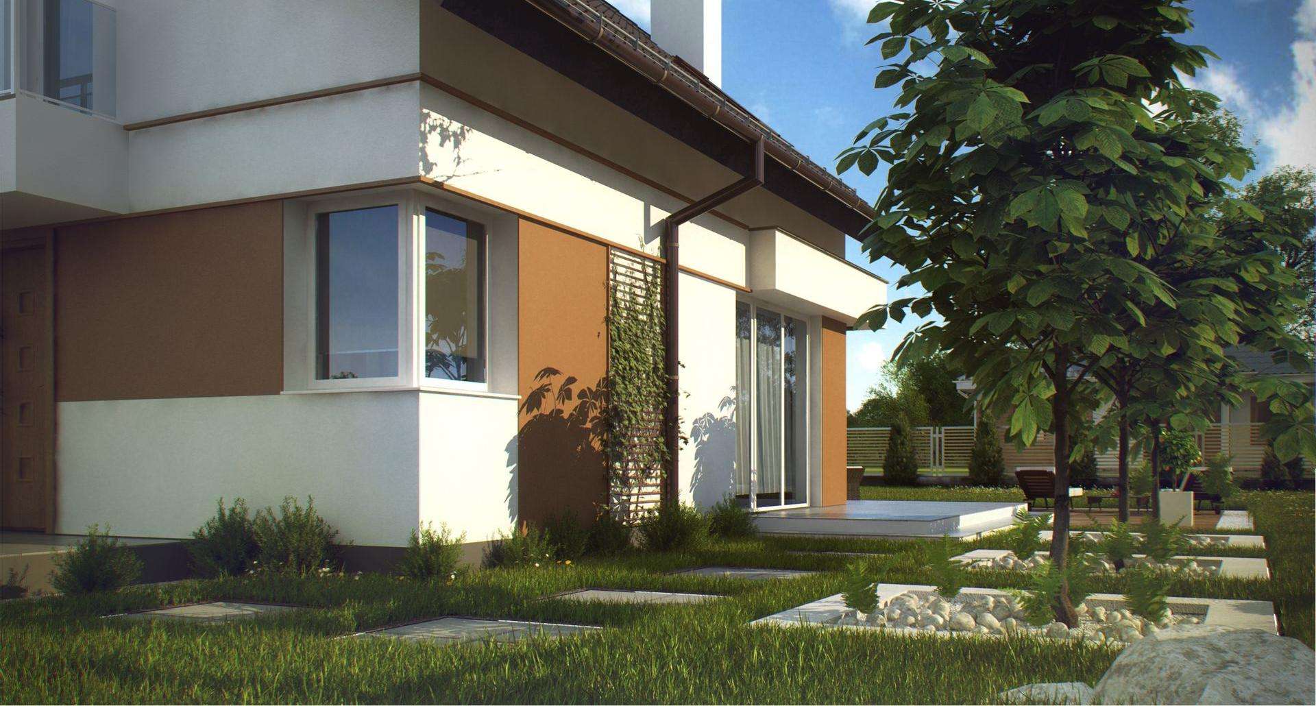 Fatada Casă cu mansardă 96 mp utili, un dormitor, 2 băi