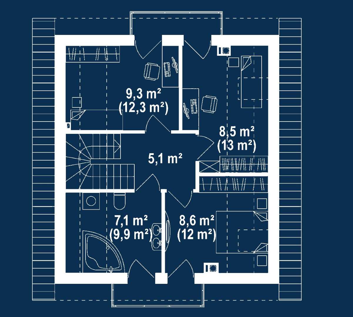 Plan mansardă Casă cu mansardă 96 mp utili, un dormitor, 2 băi