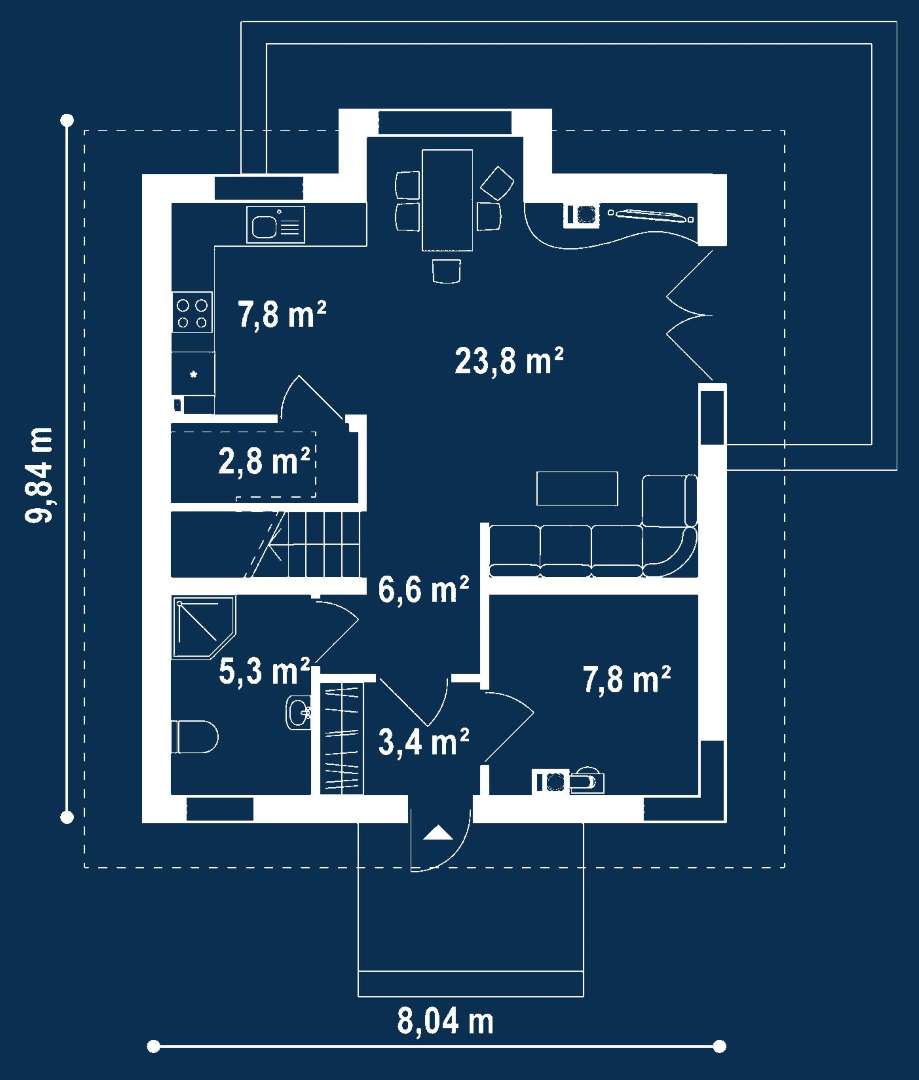 Plan parter Casă cu mansardă 96 mp utili, un dormitor, 2 băi