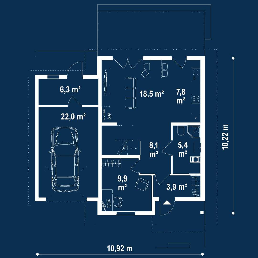 Plan parter Casă cu mansardă 101 mp utili, un dormitor, 2 băi