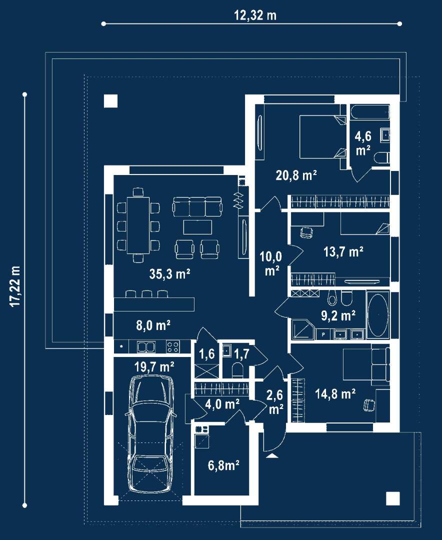 Plan parter Casă parter 126 mp utili, 3 dormitoare, 2 băi