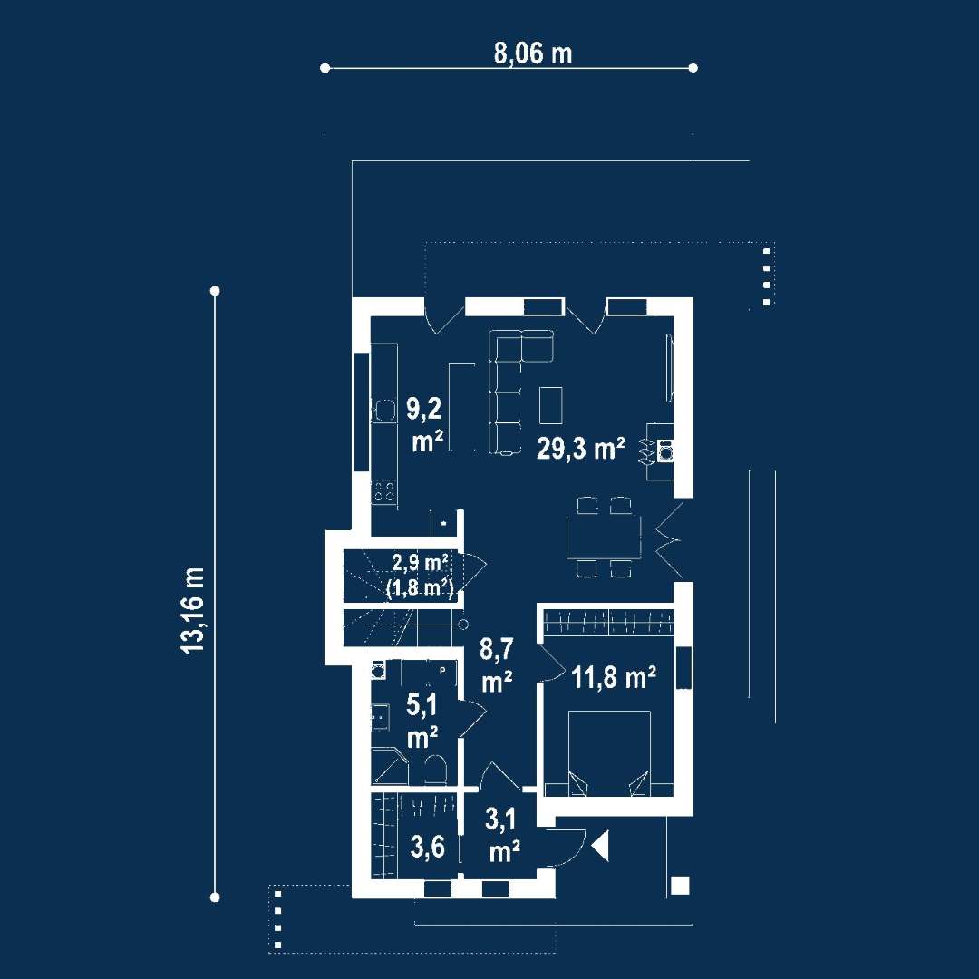 Plan parter Casă cu mansardă 113 mp utili, un dormitor, 2 băi