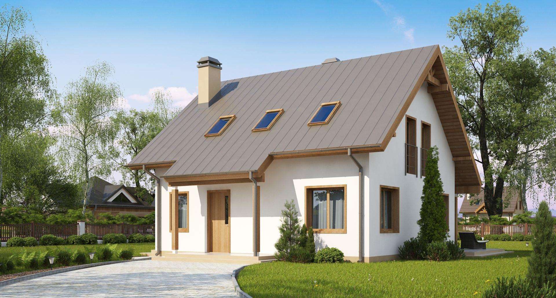 Fatada Casă cu mansardă 112 mp utili, un dormitor, 2 băi