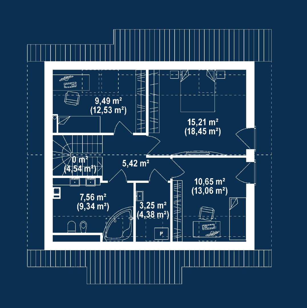 Plan mansardă Casă cu mansardă 112 mp utili, un dormitor, 2 băi