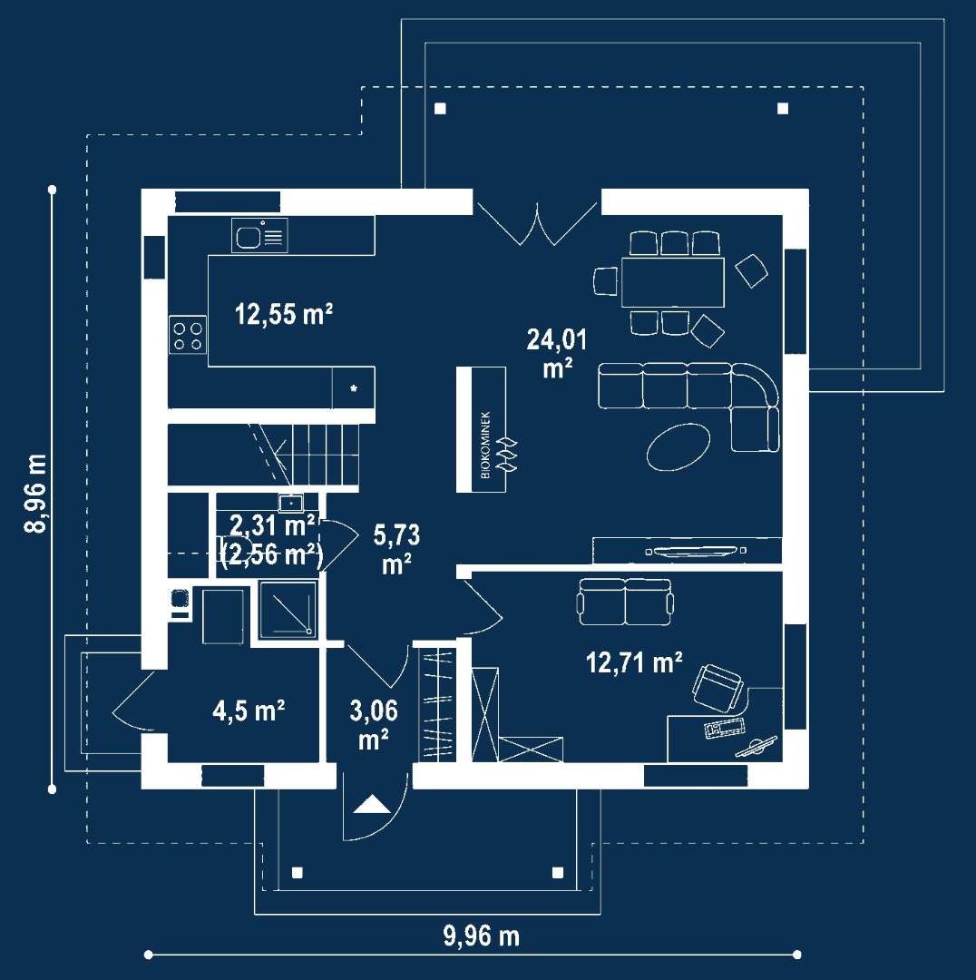 Plan parter Casă cu mansardă 112 mp utili, un dormitor, 2 băi