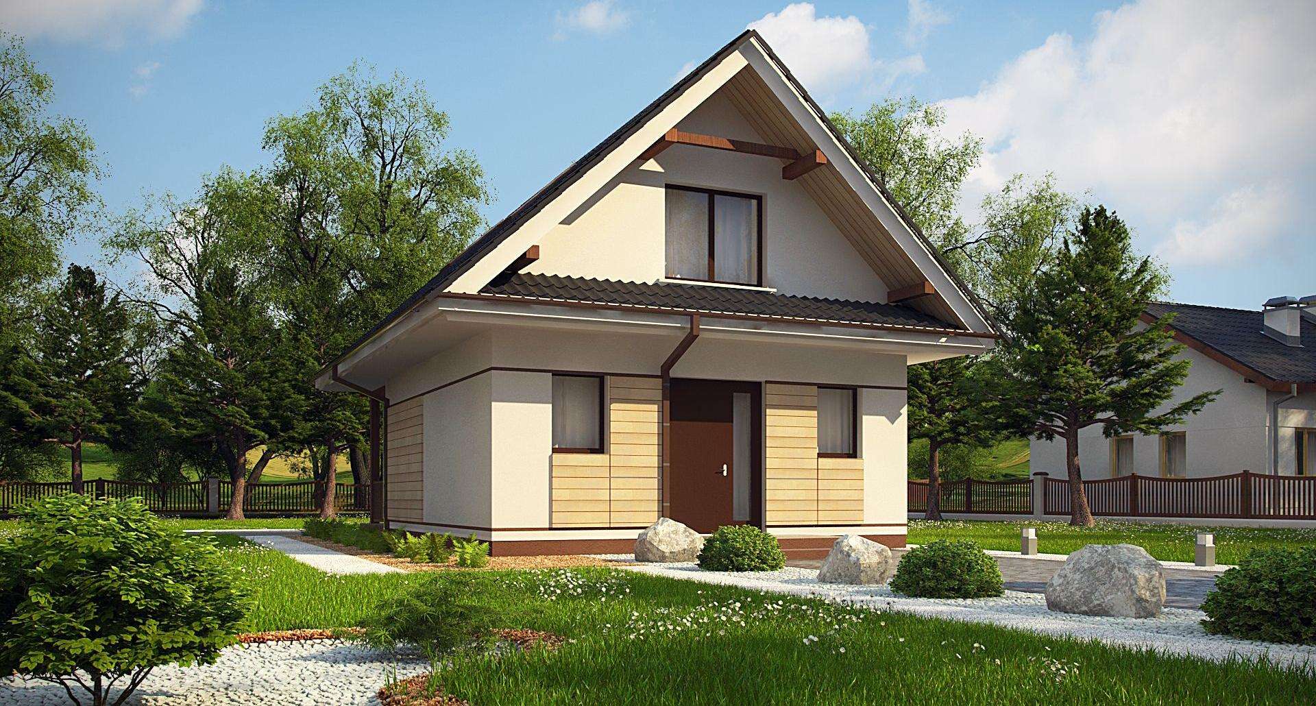 Fatada Casă cu mansardă 64 mp utili, un dormitor, o baie