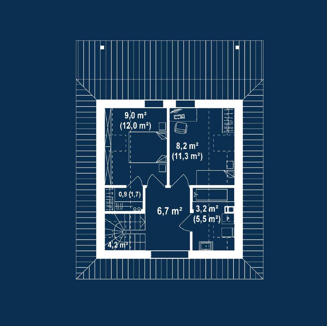 Plan mansardă Casă cu mansardă 64 mp utili, un dormitor, o baie