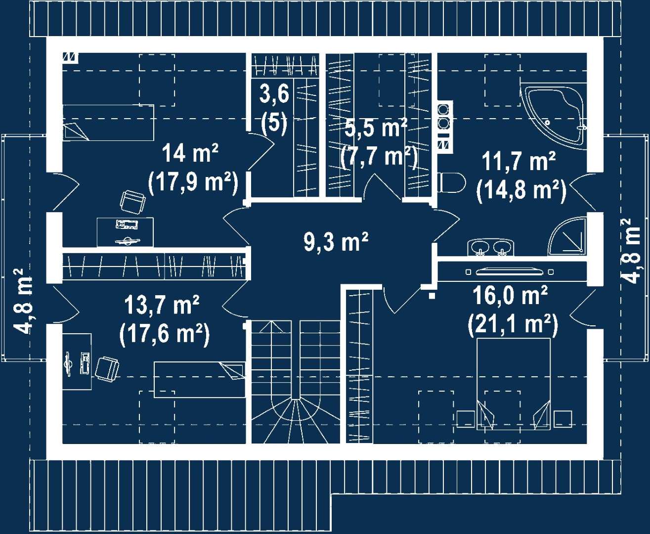 Plan mansardă Casă cu mansardă 142 mp utili, un dormitor, o baie