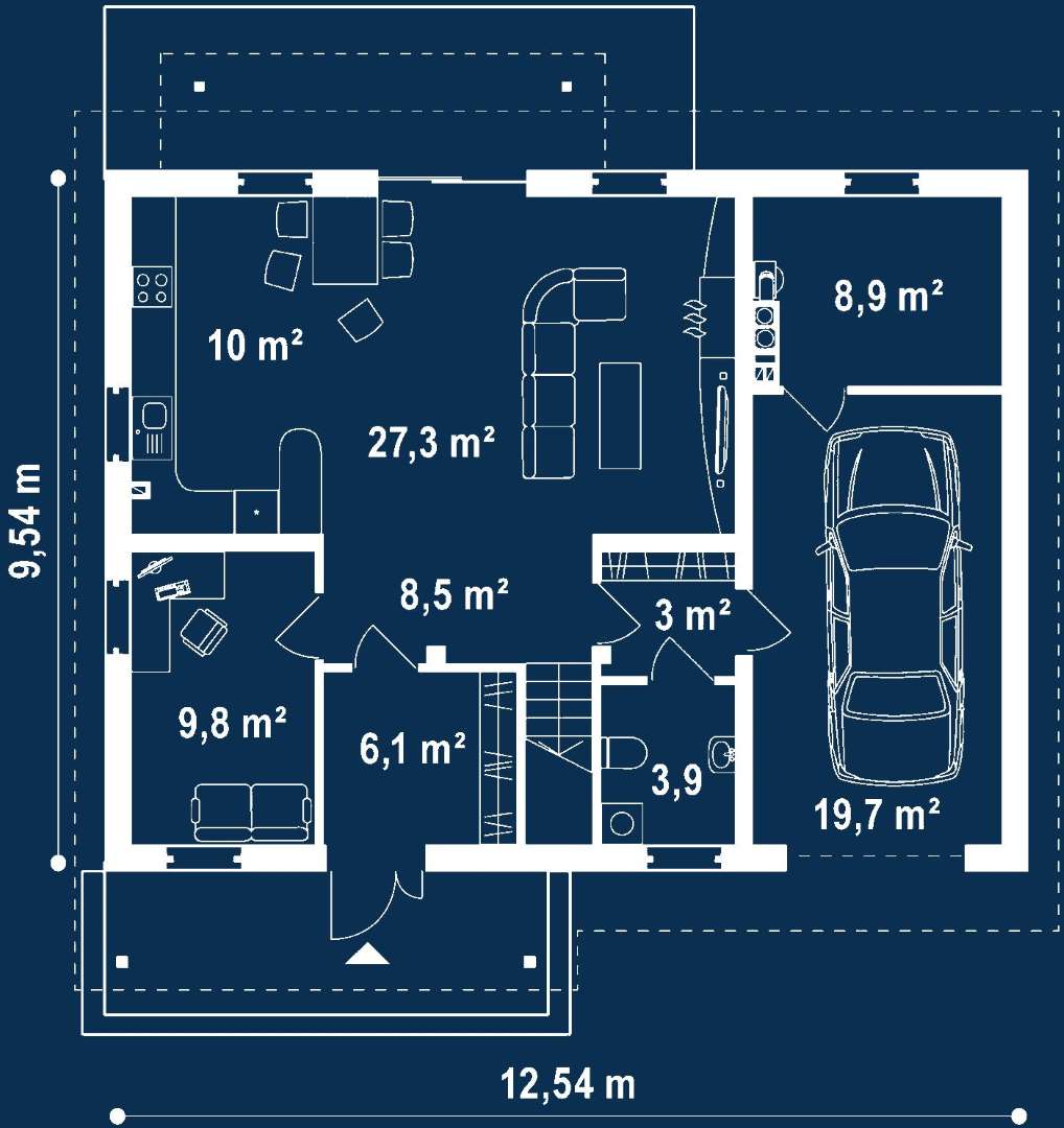 Plan parter Casă cu mansardă 142 mp utili, un dormitor, o baie