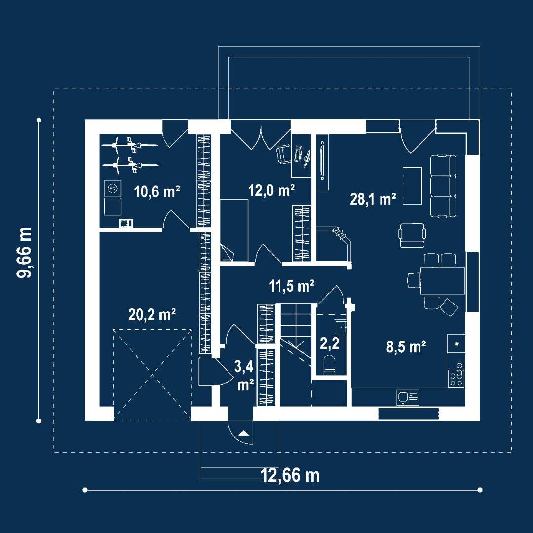 Plan parter Casă cu mansardă 115 mp utili, un dormitor, o baie