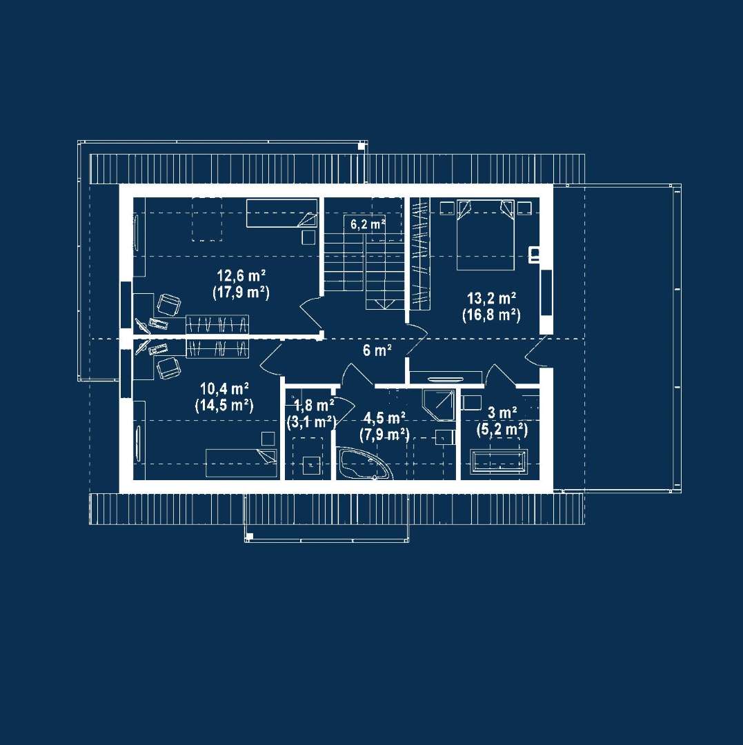 Plan mansardă Casă cu mansardă 121 mp utili, un dormitor, 3 băi