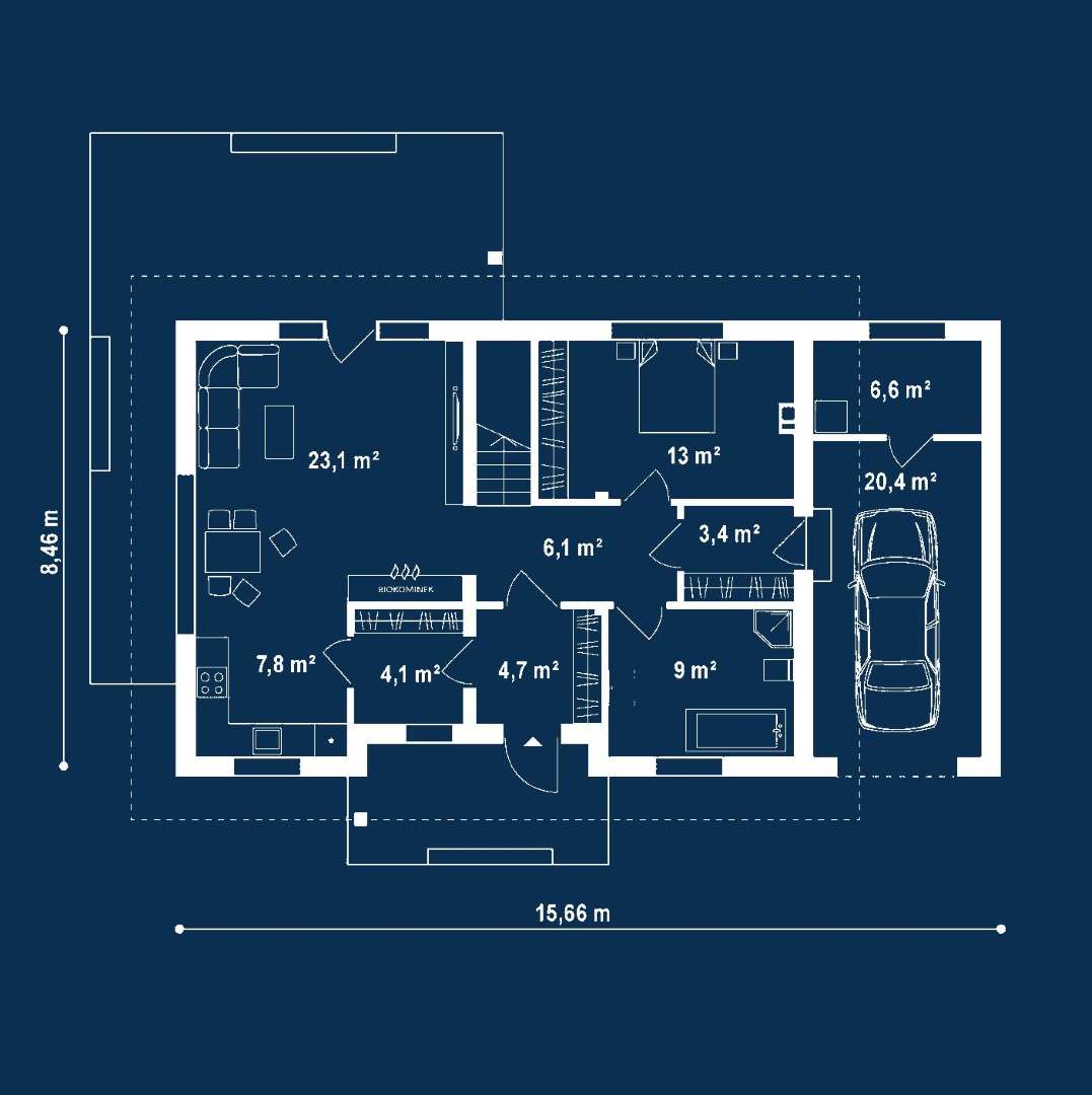 Plan parter Casă cu mansardă 121 mp utili, un dormitor, 3 băi