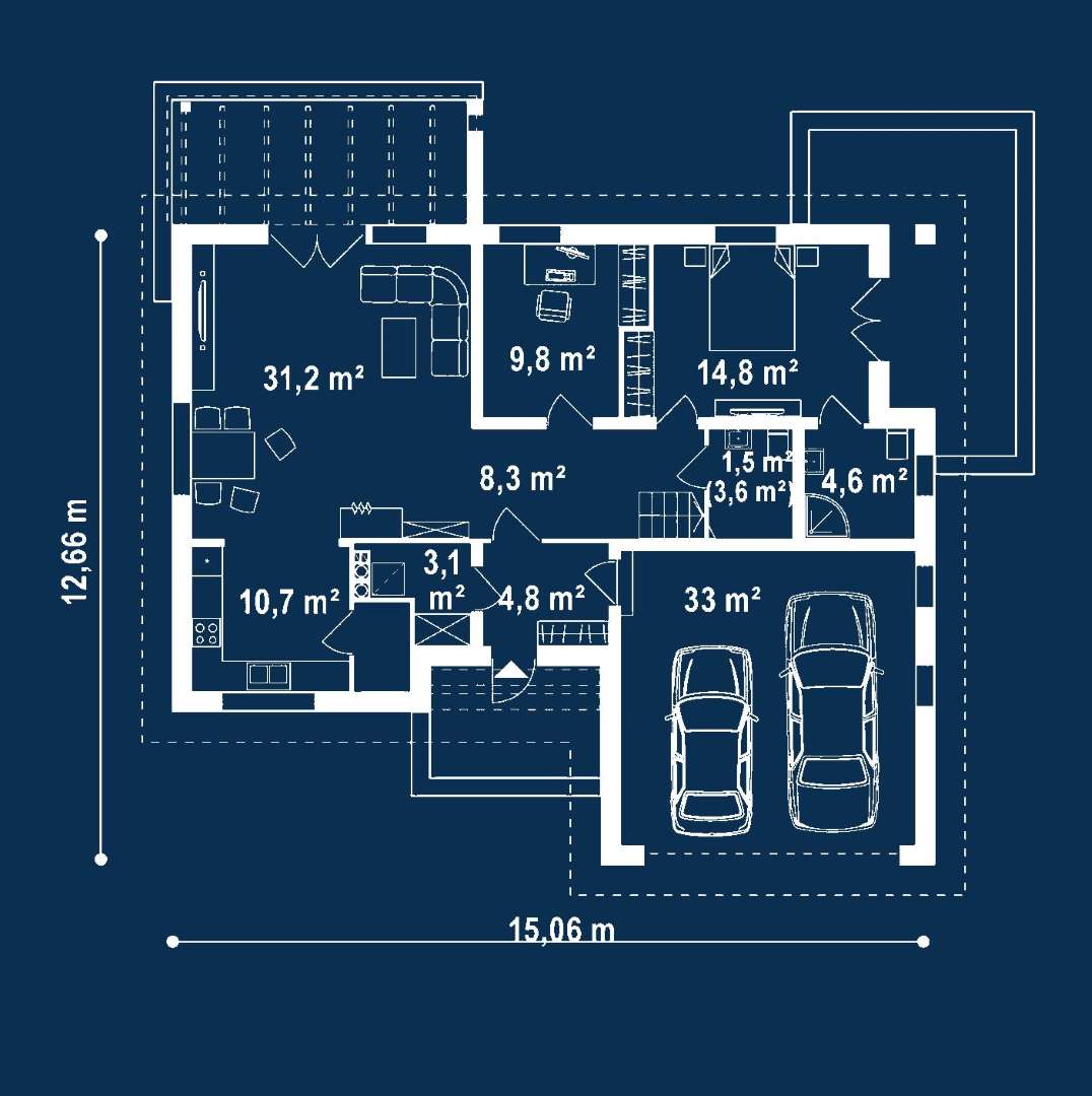 Plan parter Casă cu mansardă 151 mp utili, un dormitor, 2 băi
