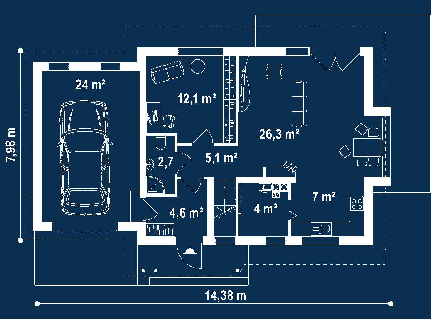 Plan parter Casă cu mansardă 95 mp utili, un dormitor, o baie