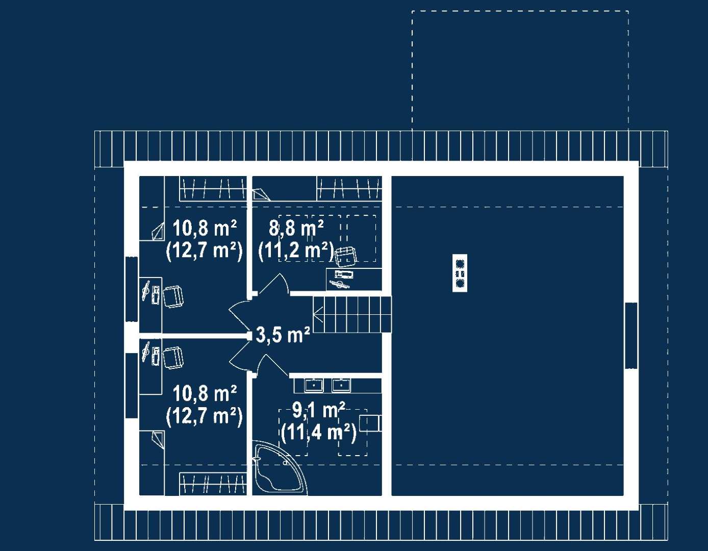 Plan mansardă Casă cu mansardă 152 mp utili, 3 dormitoare, 2 băi