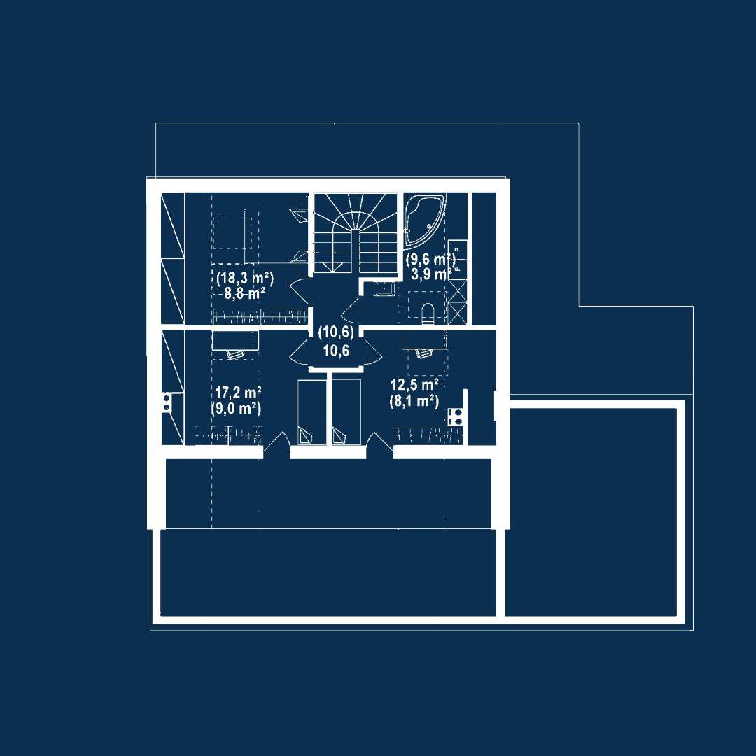Plan mansardă Casă cu mansardă 141 mp utili, 2 dormitoare, 3 băi