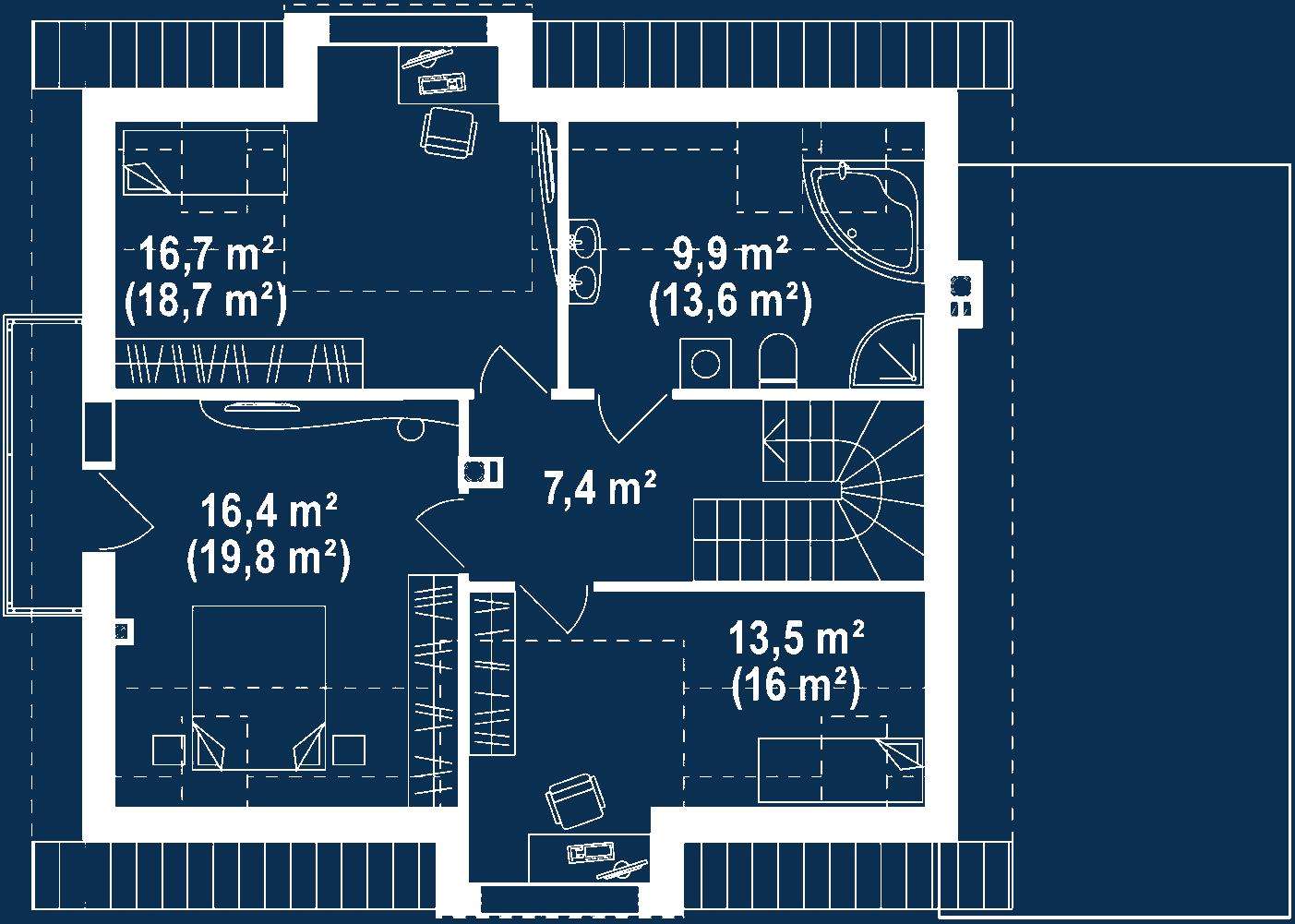 Plan mansardă Casă cu mansardă 142 mp utili, un dormitor, o baie