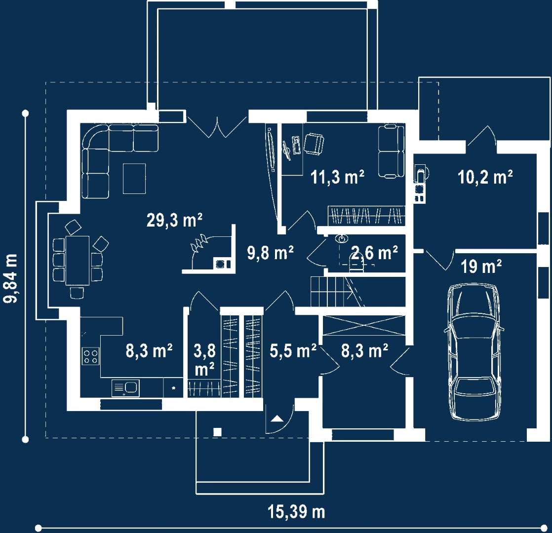 Plan parter Casă cu mansardă 142 mp utili, un dormitor, o baie