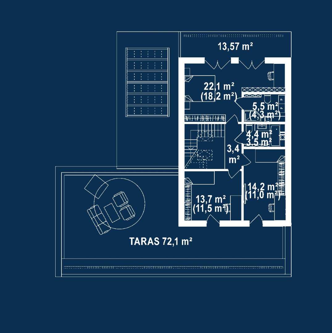 Plan mansardă Casă cu mansardă 150 mp utili, un dormitor, 4 băi