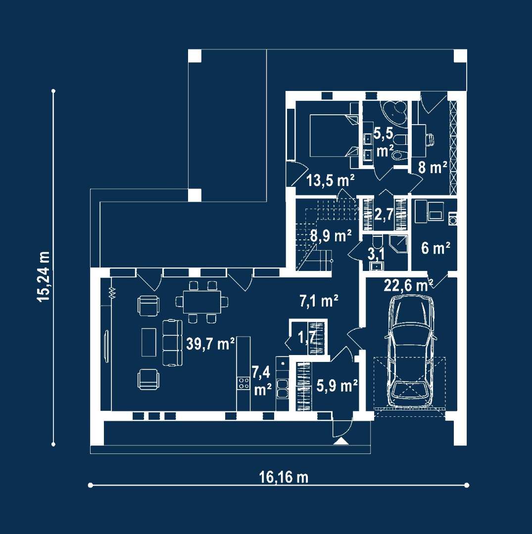 Plan parter Casă cu mansardă 150 mp utili, un dormitor, 4 băi