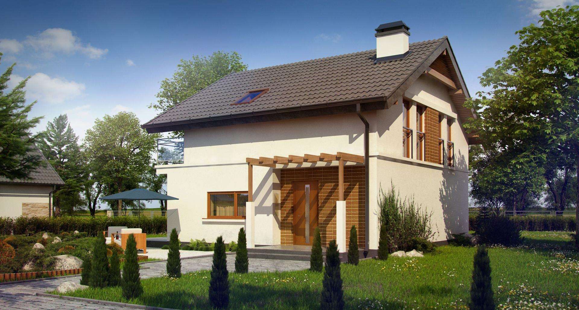 Fatada Casă cu mansardă 115 mp utili, un dormitor, o baie