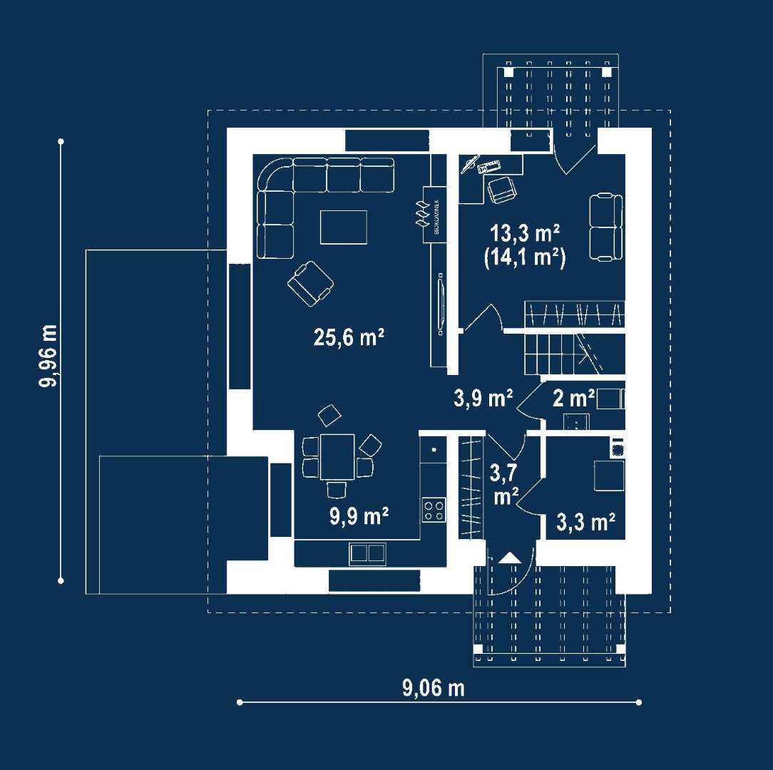 Plan parter Casă cu mansardă 115 mp utili, un dormitor, o baie