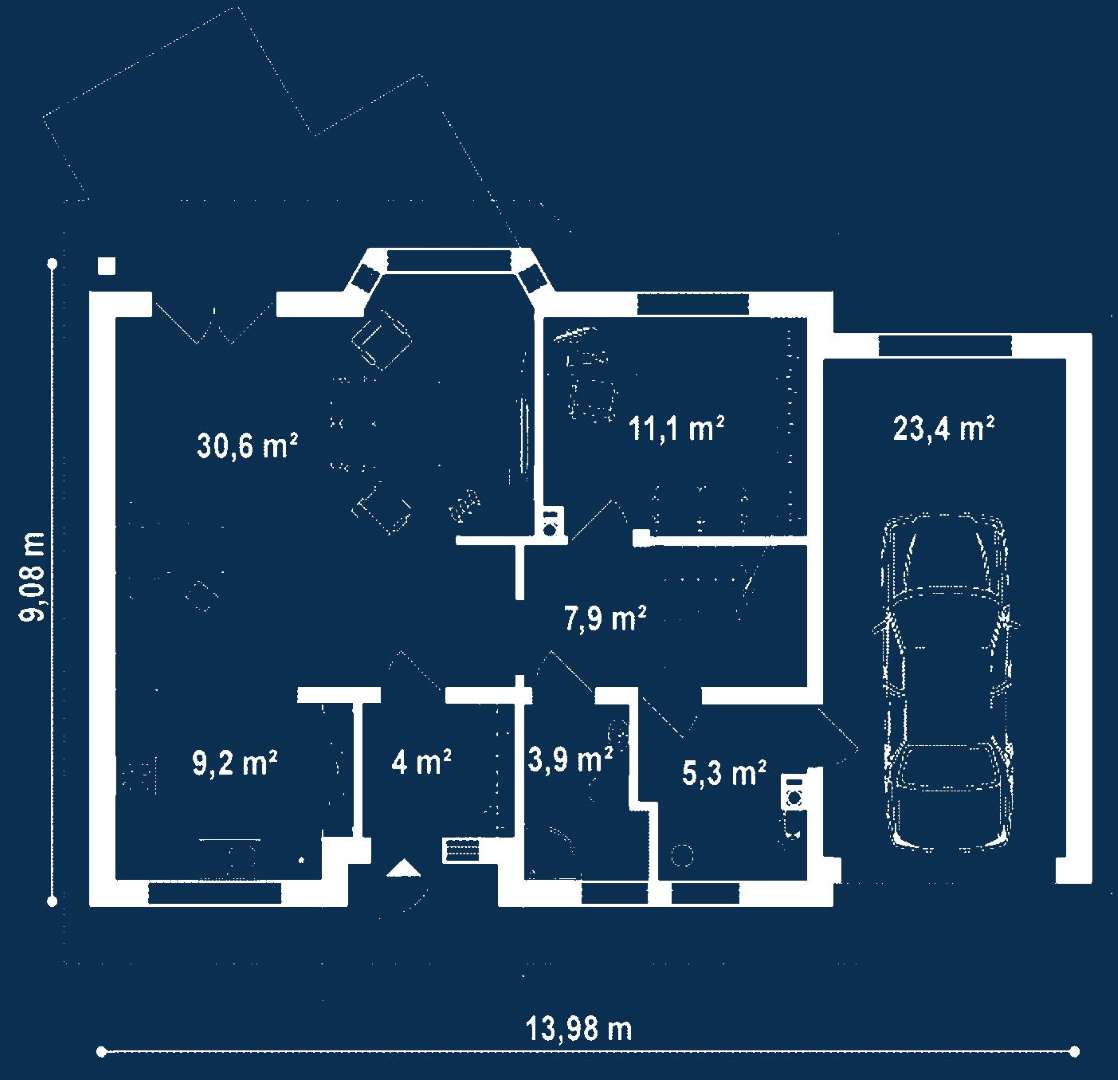 Plan parter Casă cu mansardă 106 mp utili, un dormitor, o baie