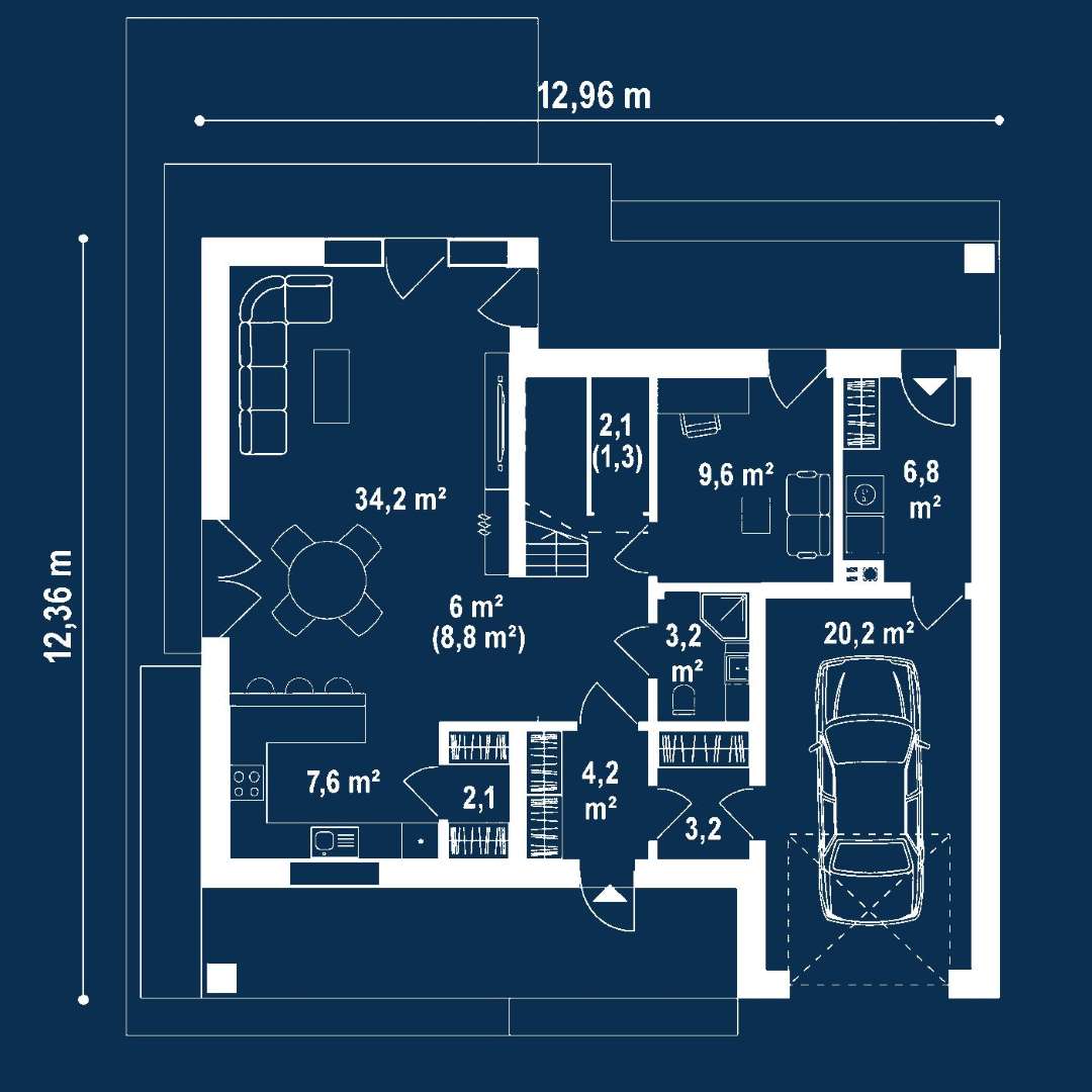 Plan parter Casă cu mansardă 116 mp utili, un dormitor, 2 băi