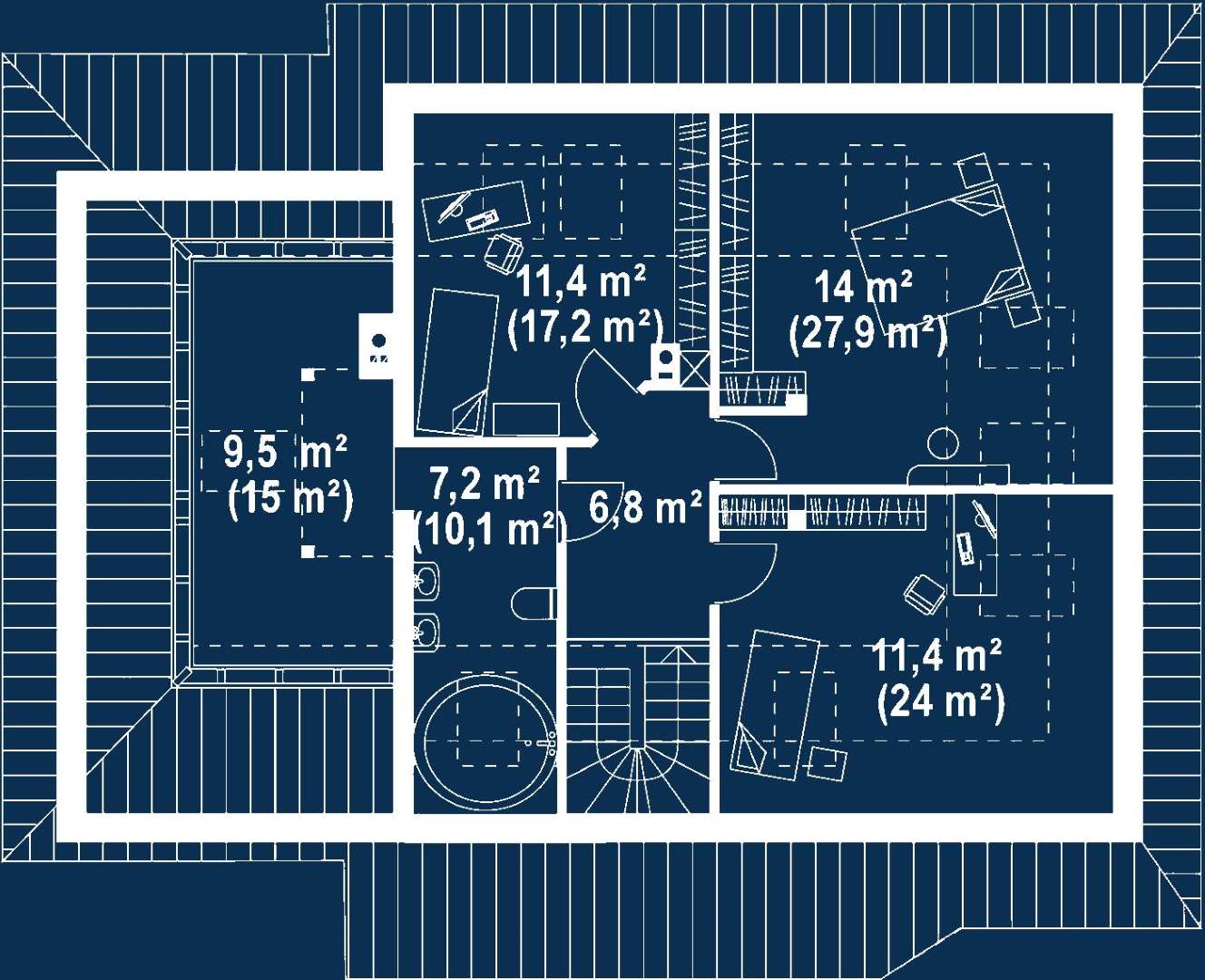 Plan mansardă Casă cu mansardă 150 mp utili, un dormitor, o baie