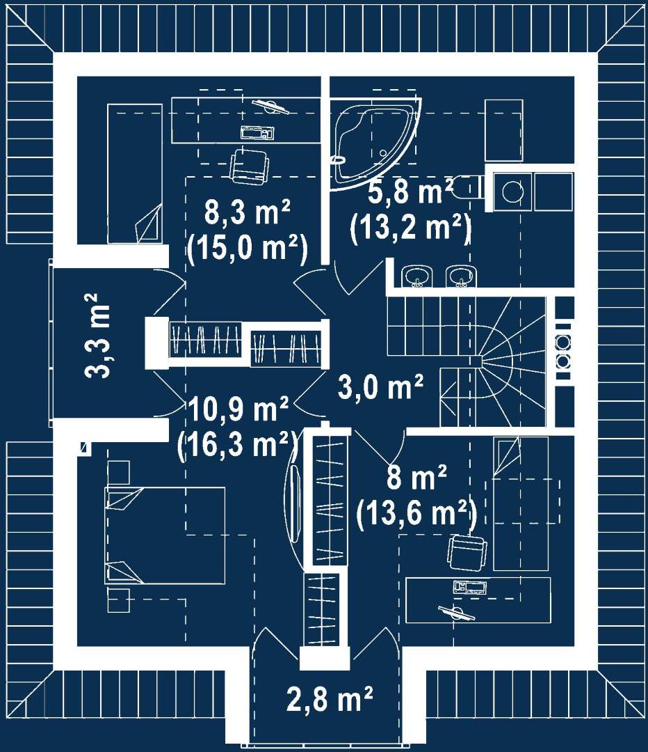 Plan mansardă Casă cu mansardă 101 mp utili, un dormitor, o baie