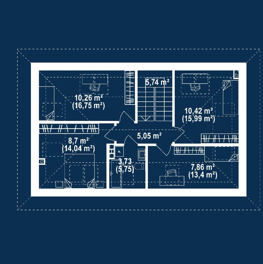 Plan mansardă Casă cu mansardă 91 mp utili, un dormitor, o baie