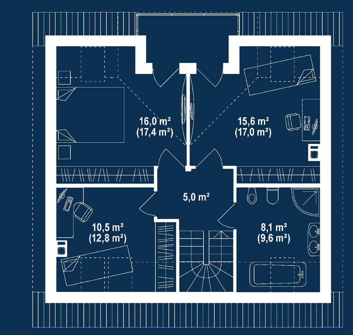 Plan mansardă Casă cu mansardă 119 mp utili, un dormitor, 2 băi