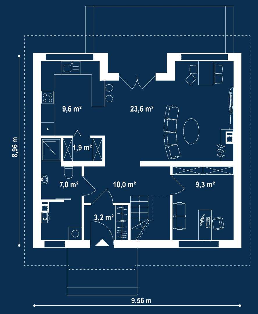 Plan parter Casă cu mansardă 119 mp utili, un dormitor, 2 băi