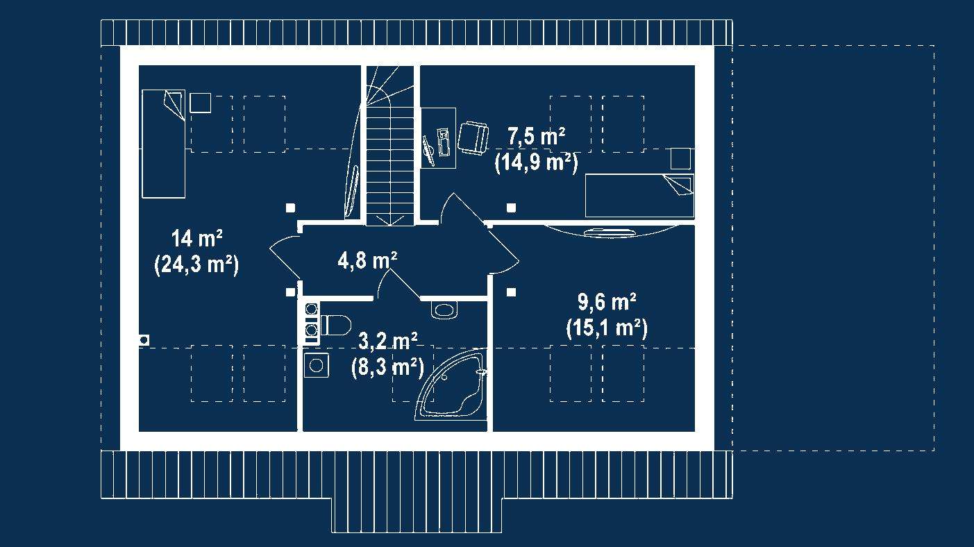 Plan mansardă Casă cu mansardă 108 mp utili, 2 dormitoare, 2 băi