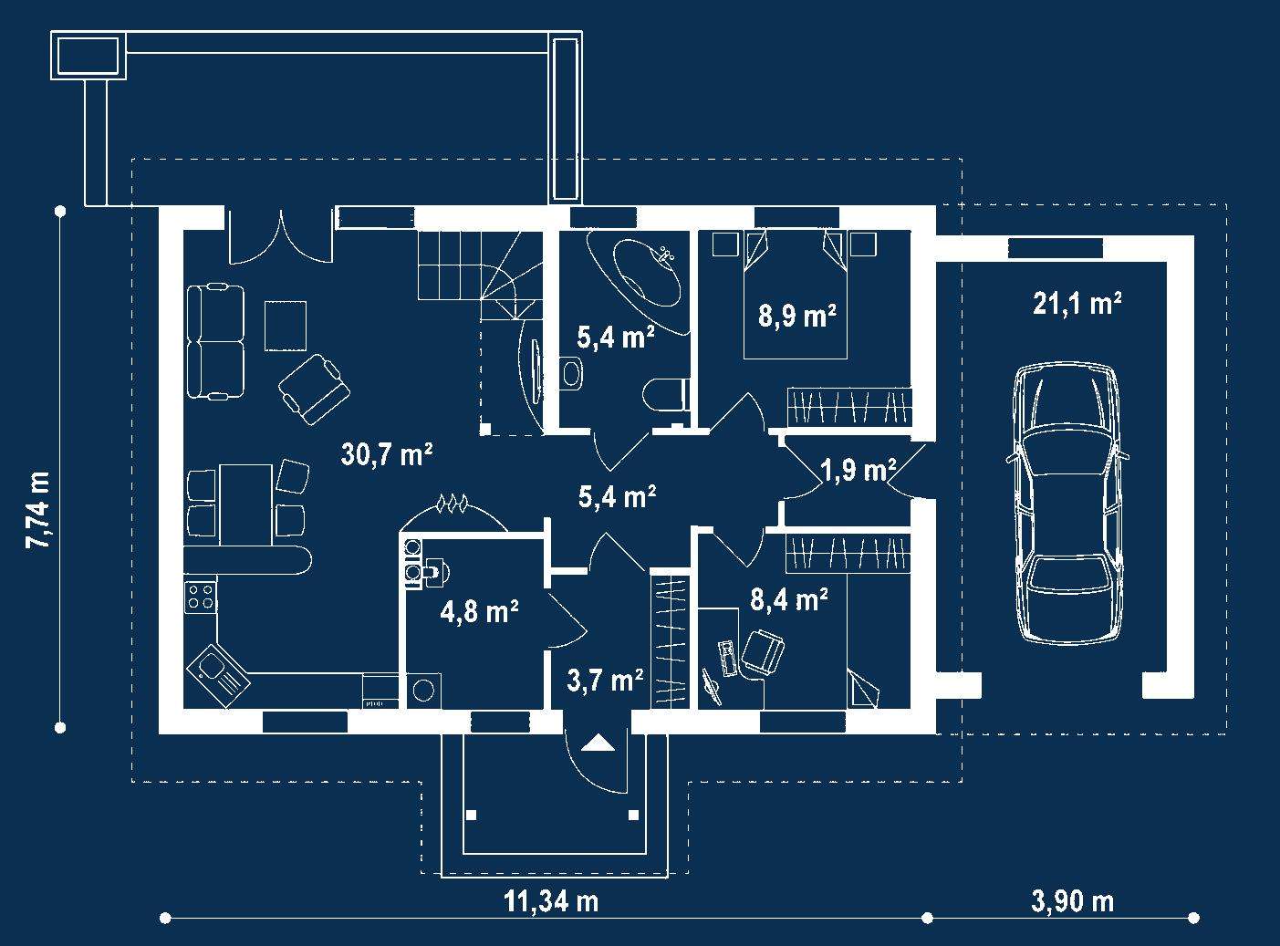 Plan parter Casă cu mansardă 108 mp utili, 2 dormitoare, 2 băi