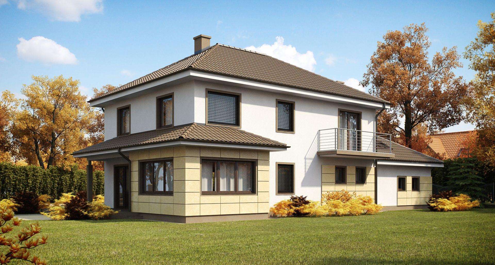 Fatada Casă cu mansardă 216 mp utili, un dormitor, 2 băi