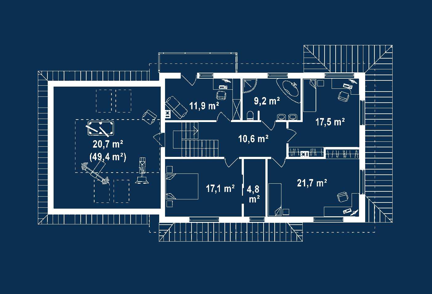 Plan mansardă Casă cu mansardă 216 mp utili, un dormitor, 2 băi