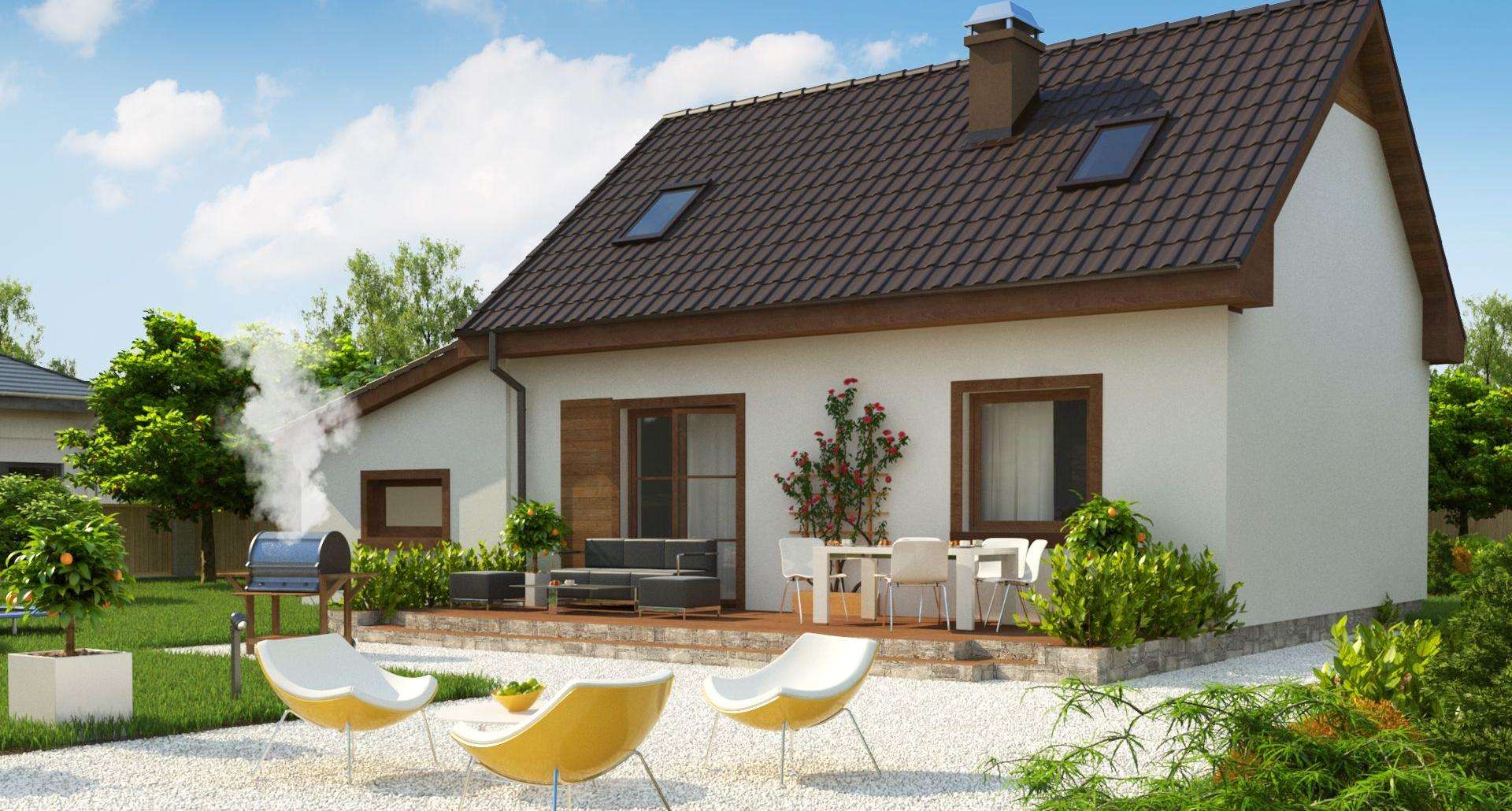 Fatada Casă cu mansardă 80 mp utili, 2 dormitoare, 2 băi