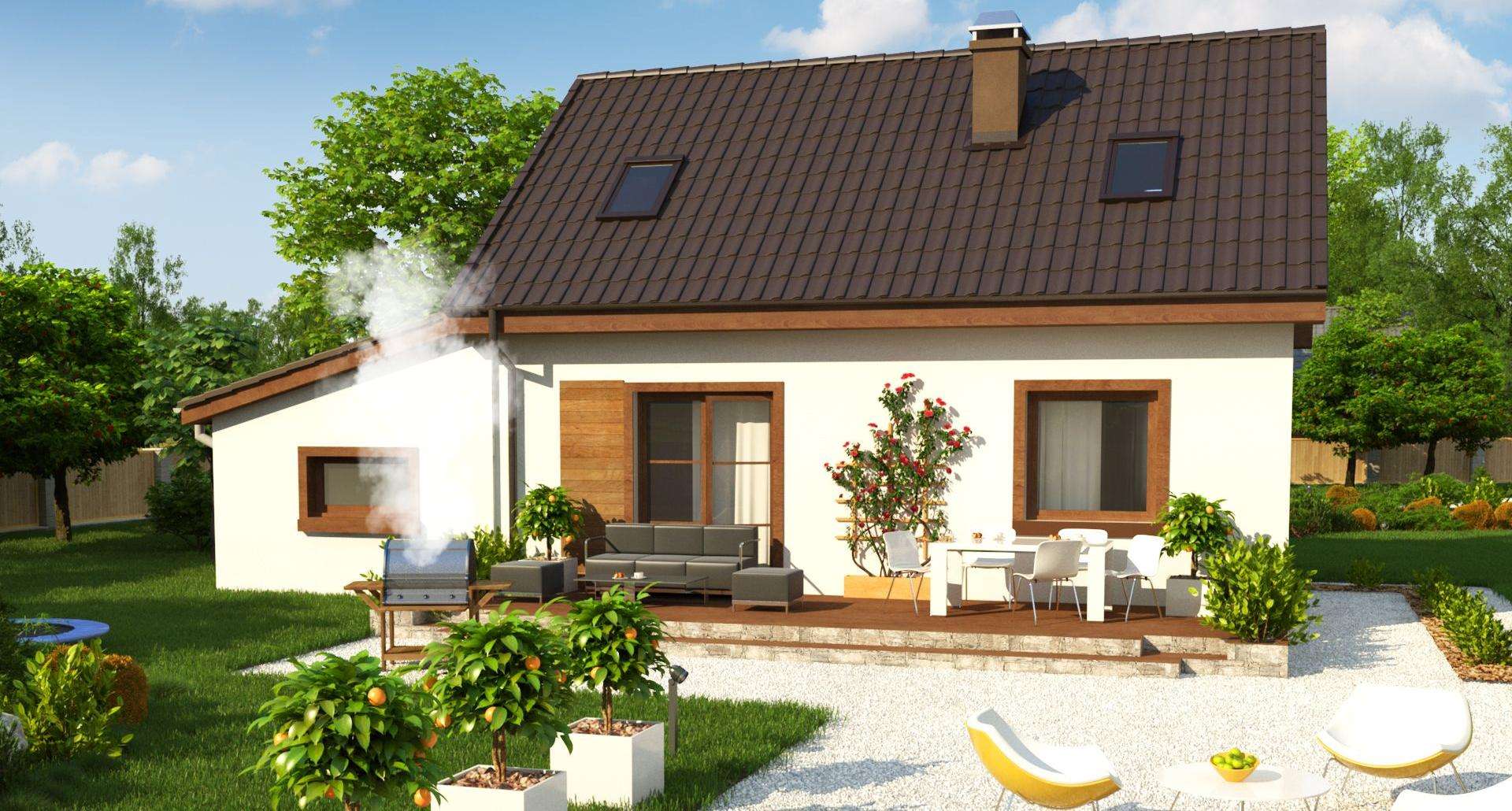 Fatada Casă cu mansardă 80 mp utili, 2 dormitoare, 2 băi