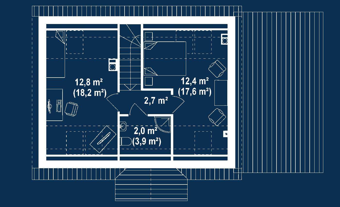 Plan mansardă Casă cu mansardă 80 mp utili, 2 dormitoare, 2 băi