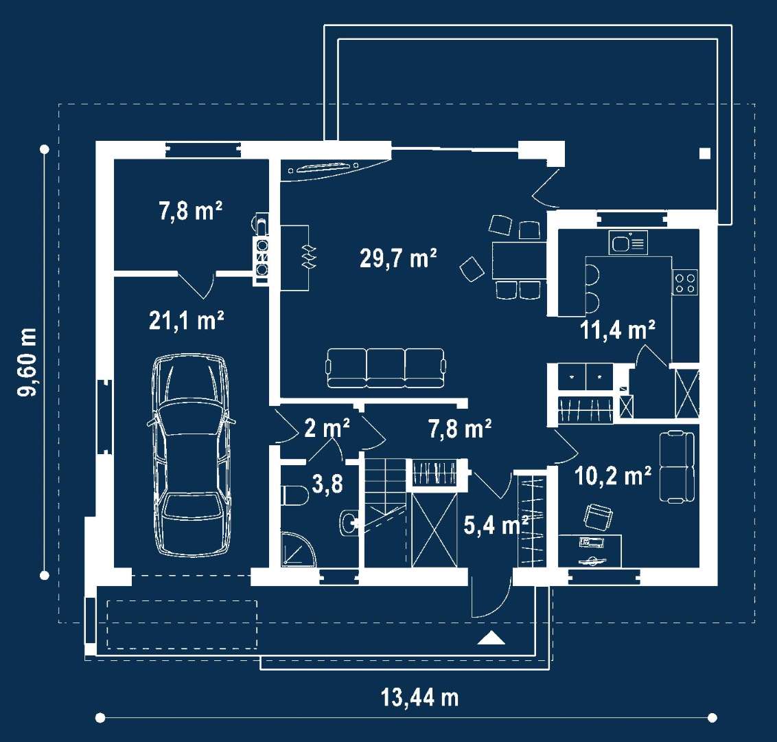 Plan parter Casă cu mansardă 144 mp utili, un dormitor, 2 băi