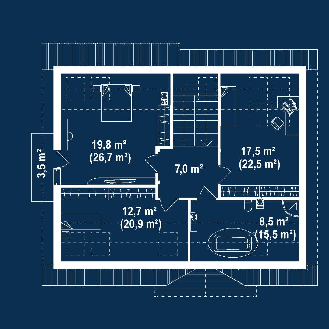 Plan mansardă Casă cu mansardă 160 mp utili, un dormitor, 2 băi