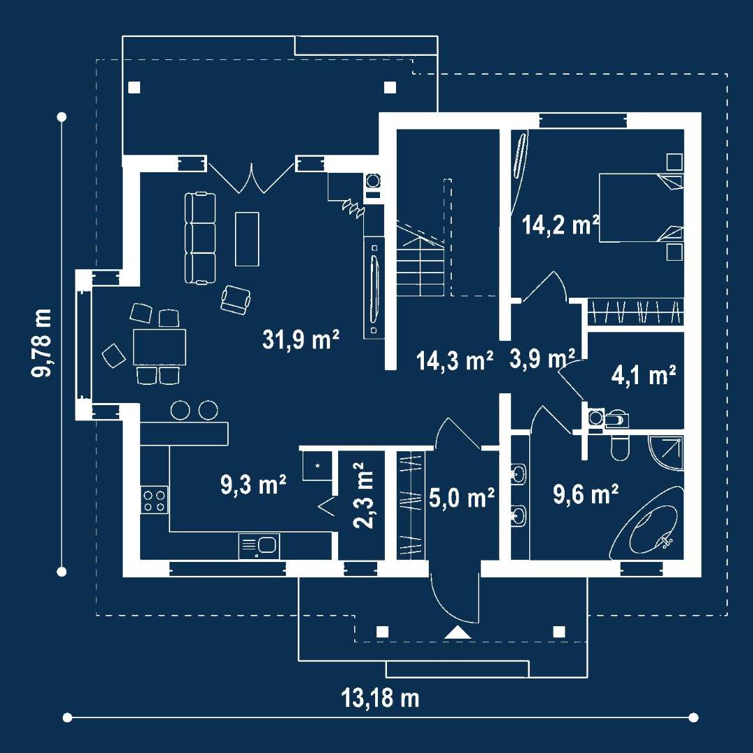 Plan parter Casă cu mansardă 160 mp utili, un dormitor, 2 băi