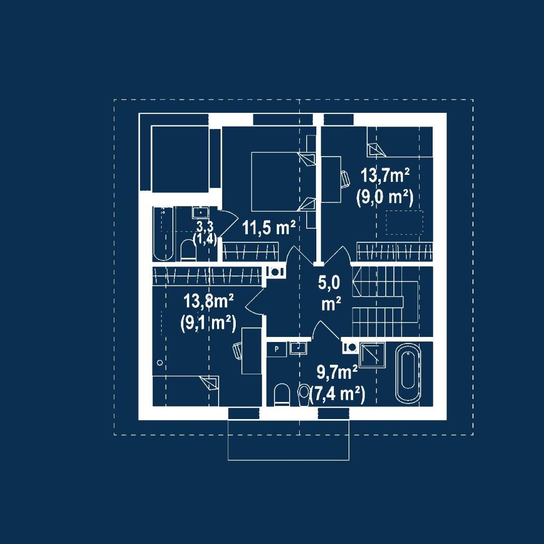 Plan mansardă Casă cu mansardă 99 mp utili, un dormitor, 2 băi