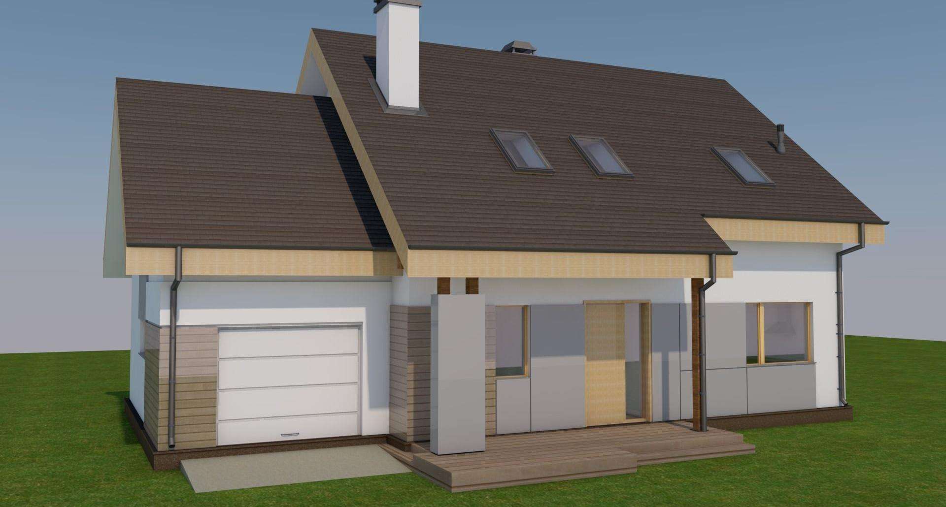 Fatada Casă cu mansardă 140 mp utili, un dormitor, 2 băi