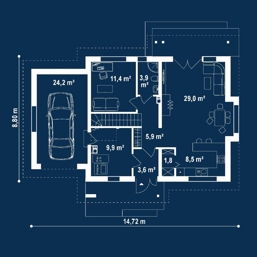 Plan parter Casă cu mansardă 140 mp utili, un dormitor, 2 băi