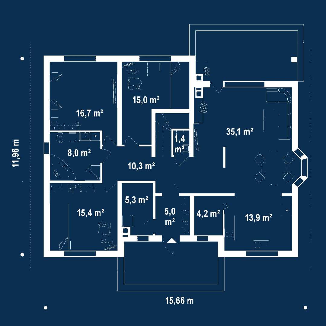 Plan parter Casă cu mansardă 167 mp utili, 3 dormitoare, o baie