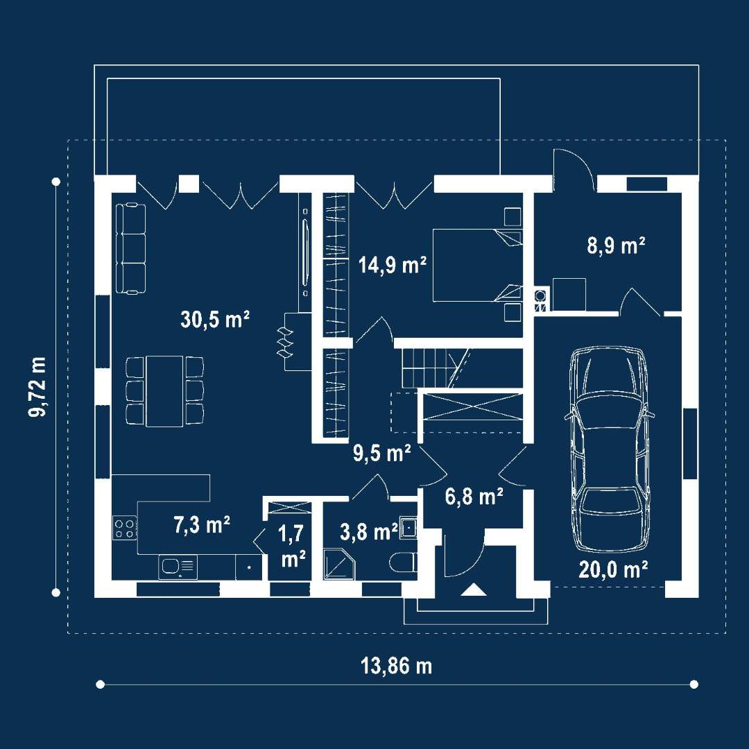 Plan parter Casă cu mansardă 146 mp utili, un dormitor, 2 băi